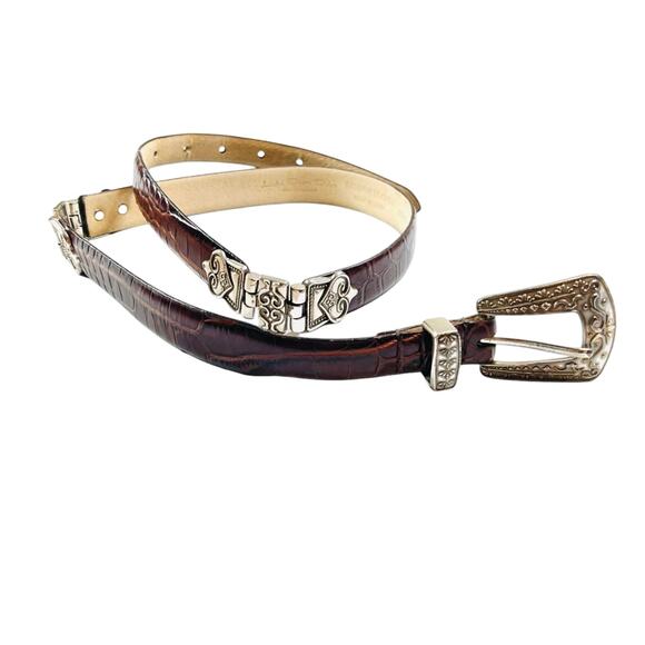 Lake Shore Drive Leather Belt Size M Silvertone Ornate Buckle Hinge Inserts Boho - Picture 2 of 14